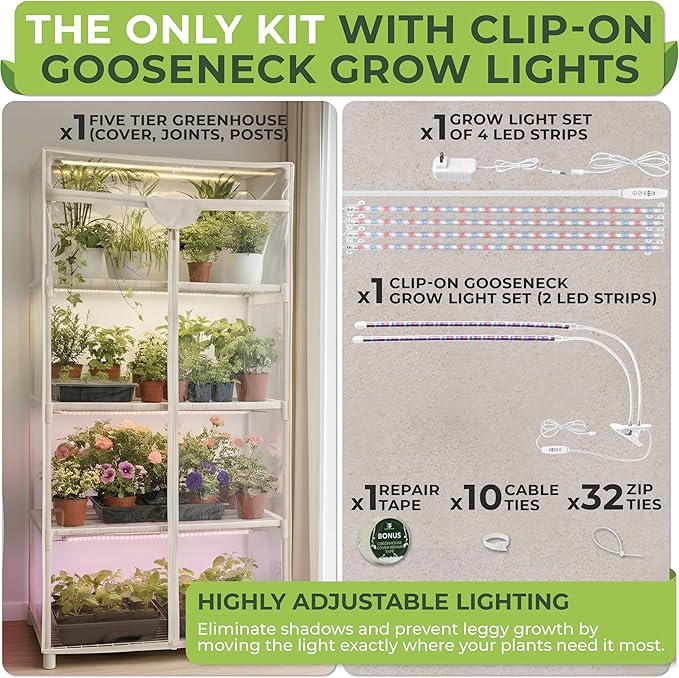 Carpathen Indoor Greenhouse with Grow Lights - 4 Tiers 27.2"L x 19.3"W x 54"H with 4 Dimmable 15W Full Spectrum LED Light Strips and 2 Gooseneck Clip-on Plant Lamp - Mini Greenhouse with Zip PVC Cover