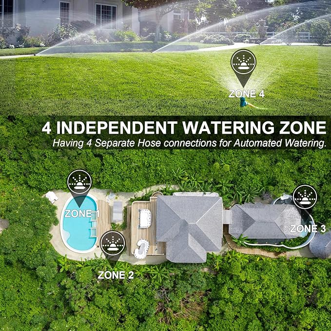 4 Zones Brass Inlet Water Timer for Outdoor Garden Hose, Sprinkler Timer for Garden Faucet with Auto/Manual/Rain Delay Mode, Sprinkler Irrigation Controller for Yard Lawn