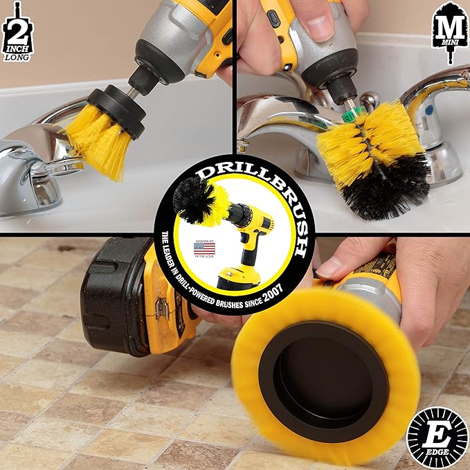 Drill Brush Power Scrubber by Useful Products – 3 Piece Yellow Bathroom Accessories Cleaning Set - Drill Brush Set to Clean Tile and Grout - Shower Cleaning Supplies - Drillbrush Shower Cleaner