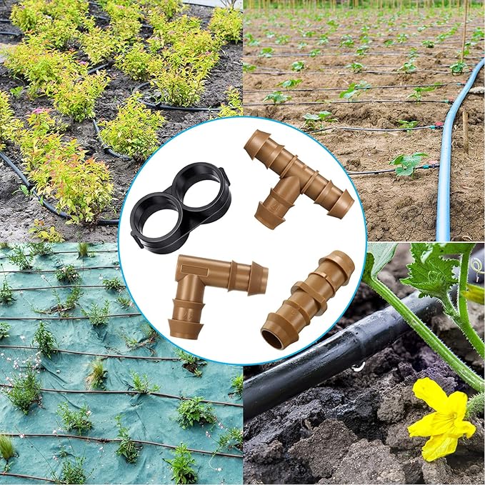 Outus 1/2 Inch Drip Irrigation Tubing Fittings 36 Pieces Irrigation Tubing Connectors Drip Hose Fittings Parts Kit Includes 9 Tees 9 Couplings 9 Elbows 9 End Cap Plugs for Sprinkler Systems Garden
