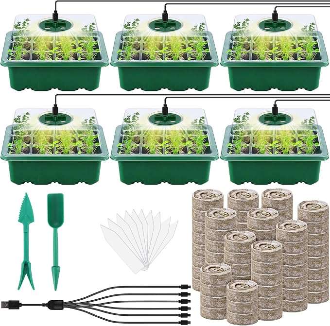 Hahood 6 Pack Seed Starter Tray Kit with Grow Light and Humidity Dome Germination Trays, 72 Peat Pellets, Plant Labels, Gardening Tools, Green, Modern Style, 7.3 x 5.7 x 4.5 inches