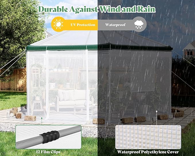 AMERLIFE 13.5x13.5x9 FT Hexagonal Walk-in Greenhouse for Outdoors, Heavy-Duty Greenhouse with Windbreak Ropes, Waterproof PE Cover, Ground Stakes, Tunnel Green House for Garden, White/Green