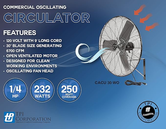 TPI Corporation CACU30WO 30" High Velocity Oscillating Pedestal Mount Fan for Garage, Commercial, Industrial — 3 Speed 120 Volt Motor, 9' Cordset