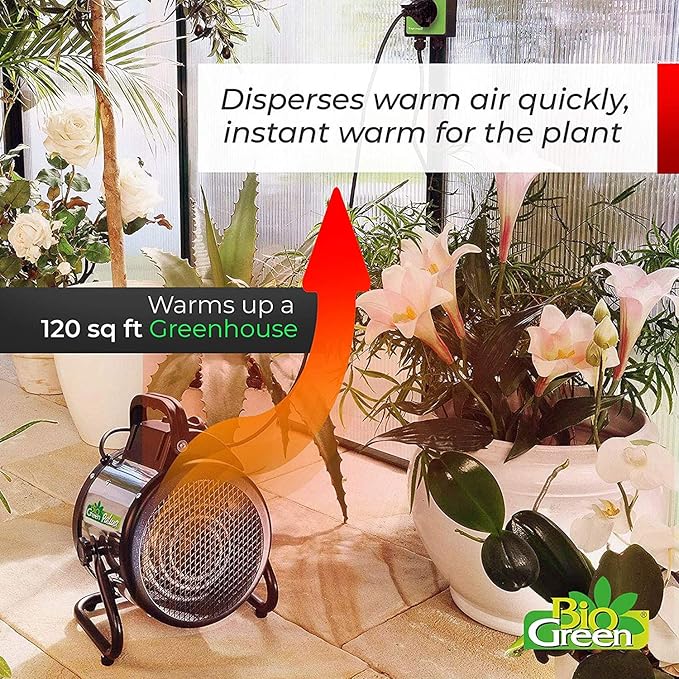 BioGreen Electric Greenhouse Heater & Fan with Digital Thermostat PALMA | 1500 Watts, 5100 BTU/hr | 5800 ft³/h Air Circulation -58 to 210.2°F | Stainless Steel | Spraywater Proof
