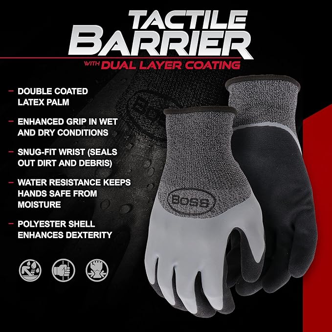 BOSS Men's Tactile Barrier Dual Layer Latex Coated Work Gloves, Water Resistant, Superior Grip, Tear Resistant