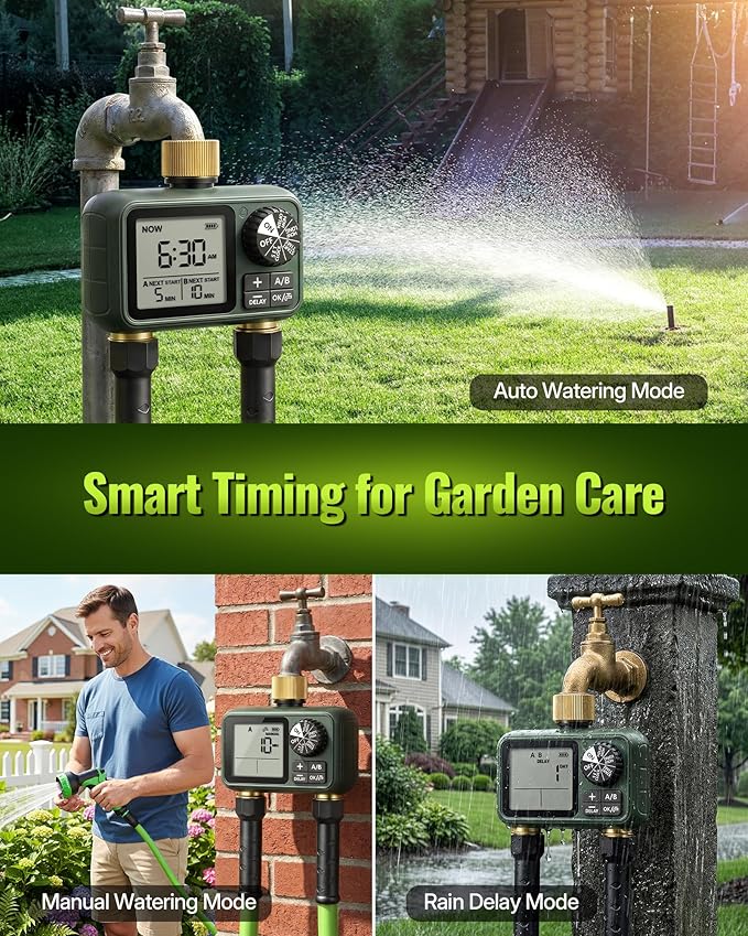 Brass Sprinkler Timer with Swivel, Programmable Water Timer for Garden Hose with Auto/Manual/Rain Delay Watering, Digital Irrigation System Kit,for Garden, Yard, Lawn 2 Outlet F12WT06