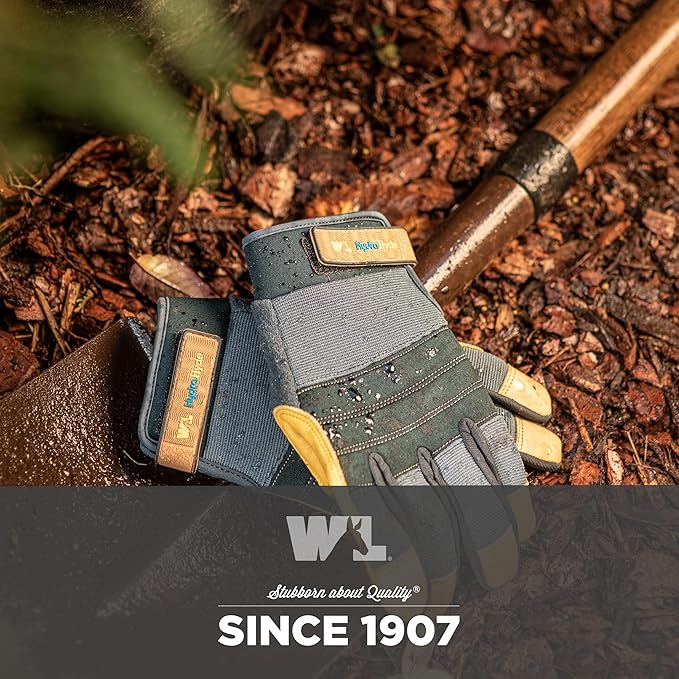 Wells Lamont Men's HydraHyde Work Gloves – Cowhide Leather, Reinforced Fingertips for Durability – Adjustable Velcro Wrist – Ideal for Gardening, Landscaping, Lawn Care – Navy - L