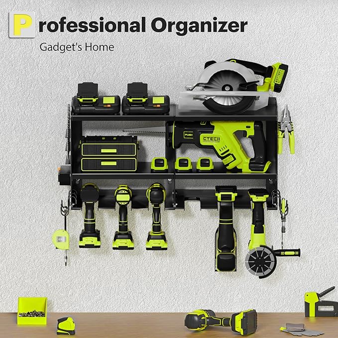 Spampur Power Tool Organizer Wall Mount with Charging Station, 3 Layer Heavy Duty Metal Tool Storage Rack Loads 420lbs with 6 Cordless Drill Holder, Idea Gifts for Men, Garage Workshop