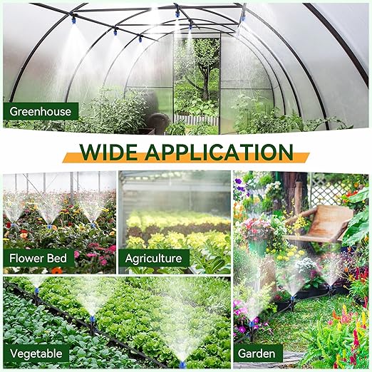 Meonum 65FT Greenhouse Watering System, Quick Connector Hanging Plant Watering System Automatic Mist Irrigation Kit with 1/4'' Blank Tubing, Two way Faucet Connector, Adjustable Misting Nozzle(2 Pack)