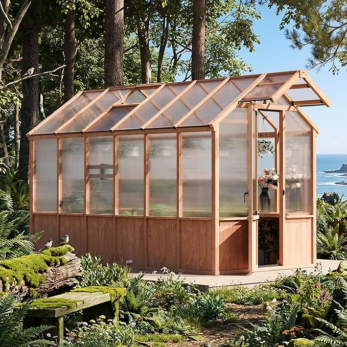 Modern Shade EverBloom 6.5'x12' Wooden Greenhouse, 8' Extra-Tall Cedar Wood Greenhouse with Built-in Outdoor Faucet Kit, Heavy Duty Greenhouse with Built-in Shelving, Power Strip & Ventilation System