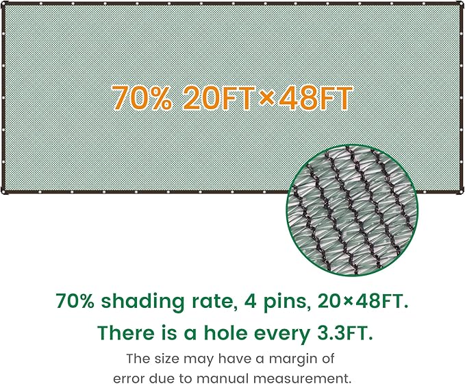 70% 20 X 48 FT Green Shade Cloth, Outdoor Woven Sun Shade with Grommets, Durable Breathable Netting Shading Antifreezing for Patio, Garden, DIY Home, Plants Cover, Greenhouse, Dog Kennel