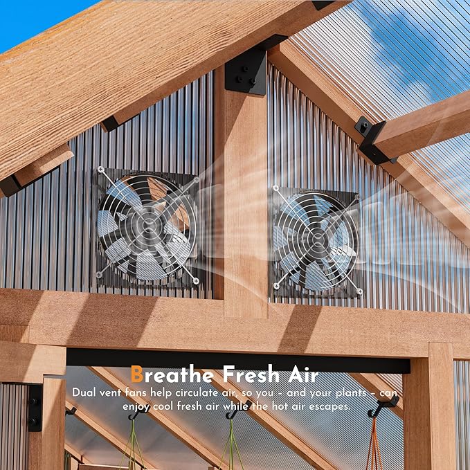Modern Shade EverBloom 6.5'x12' Wooden Greenhouse, 8' Extra-Tall Cedar Wood Greenhouse with Built-in Outdoor Faucet Kit, Heavy Duty Greenhouse with Built-in Shelving, Power Strip & Ventilation System