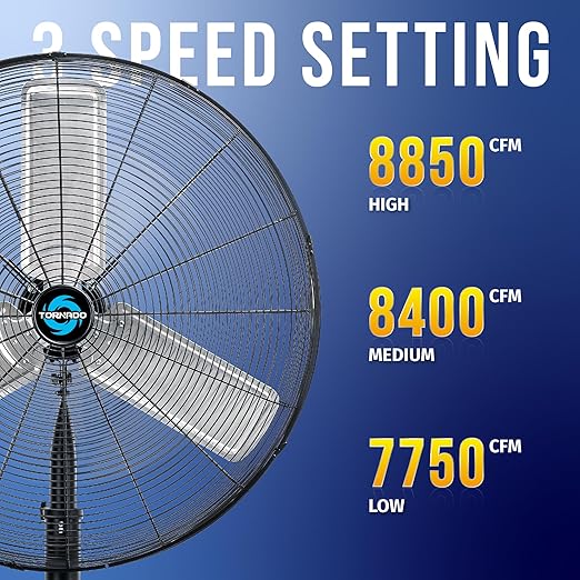 Tornado 8850 CFM 30 Inch Pedestal Fan Non-Oscillating High Velocity Fan Stationary, 3 Speed 10 FT Cord Metal, Commercial, Industrial Use, UL Safety Listed