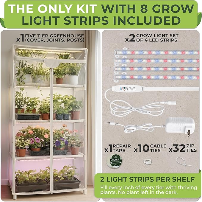 Carpathen Indoor Greenhouse with Grow Lights - 4 Tiers 27.2"L x 19.3"W x 54"H with 8 Dimmable 15W Full Spectrum LED Light Strips and Spectrum Control - Mini Greenhouse with Waterproof Zipped PVC Cover