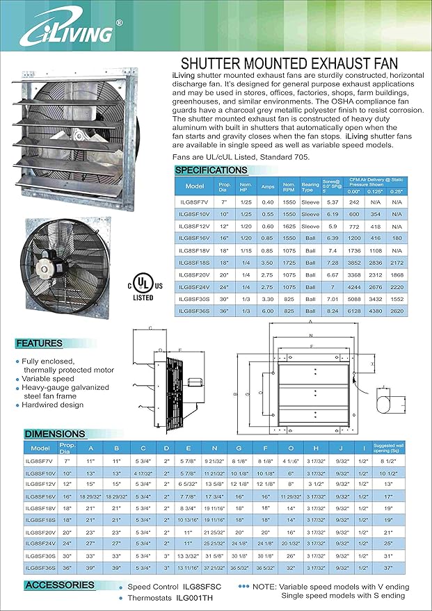 iLiving - 18" Wall Mounted Exhaust Fan - Automatic Shutter - Variable Speed - Vent Fan For Home Attic, Shed, or Garage Ventilation, 1736 CFM, 2600 SQF Coverage Area (Power Cord Not Included)