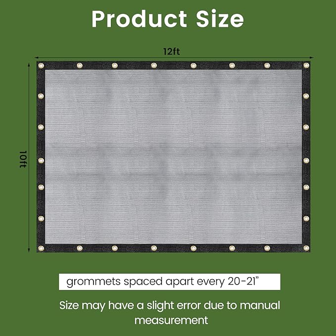 [Windscreensupplyco] 60-70% 10 FT X 12 FT Mesh Tarp/Shade Cloth 9-Needle Knitted Heavy Duty Black with Grommets for Green House, Garden, pergola, Pools, Dump Truck - MT1012BLKX1