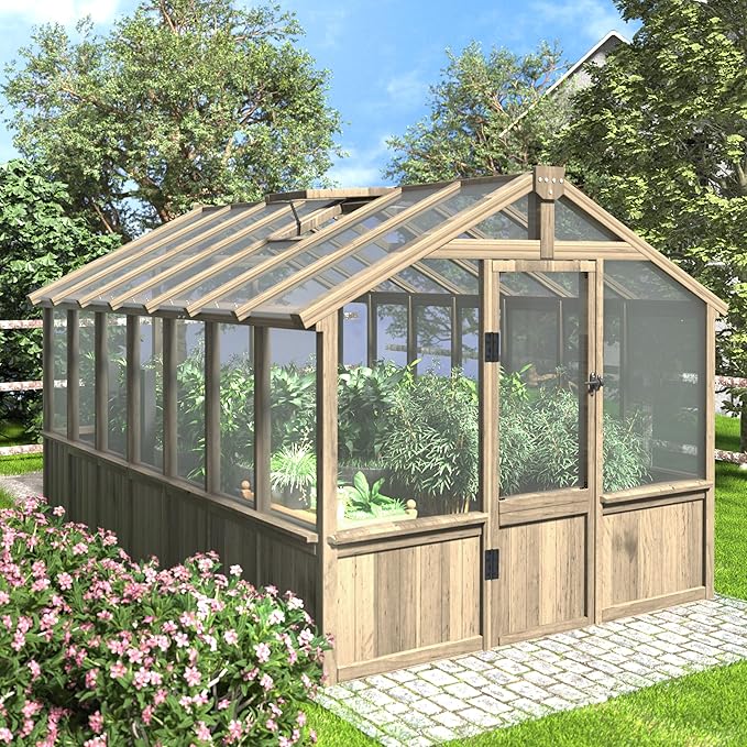 Yardenaler 8x14 FT Outdoor Greenhouse Kit, Wooden Greenhouses for Outdoors Walk-in Green House with 6MM Thick Polycarbonate Panel & Adjustable Roof Vents, Backyard Garden, Light Mocha Brown