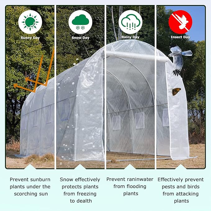KANAGAWA 20'x10'x 7' Walk-in Tunnel Greenhouse with Watering System Heavy Duty Portable Green House Protect Gardening Plants 1 Zipper Mesh Door, 8 Roll-up Windows, Thickened galvanised Steel,White