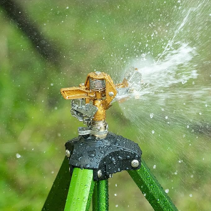Hourleey 1/2 Inch Brass Impact Sprinkler, Heavy Duty Water Sprinkler Head, Adjustable 0-360 Degree Coverage Pattern, Watering Sprinkler with Nozzles for Large Patio Garden Irrigation (1 Pack)