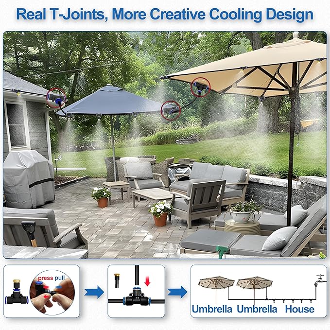 Misters for Outside Patio, 50FT|15M Outdoor Water Misting Cooling System. Backyard Mist Kit for Garden Greenhouse Fan Deck Umbrella Canopy Pool Porch Trampoline Sprinkler Park BBQ Party Accessories