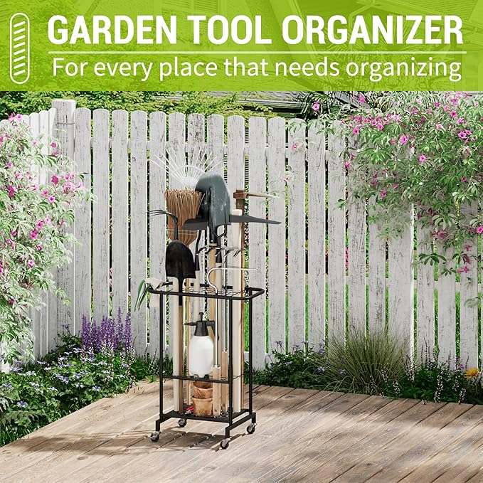 3-Tier Garden Tool Organizer with Wheels, Garage Floor Rolling Storage Cart on Wheels Heavy Duty Metal Rolling Storage Cart, Yard Tool Tower Rack for Garage, Patio, Shed, Indoor Outdoor