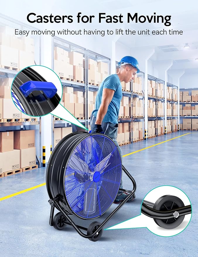 VAGKRI 24 Inch Industrial Drum Fan, 320W High Velocity Floor Fan, 3 Speed Heavy Duty Metal Air Circulator, 360° Tilt with Casters Handle ETL Standard for Patios, Warehouse, Commercial,Basement (Blue)