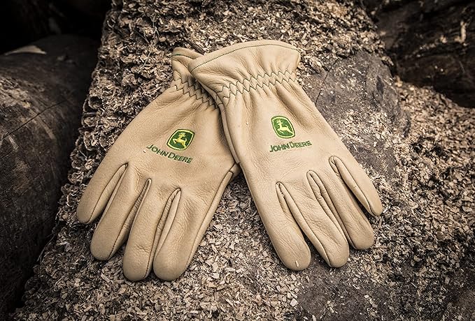 John Deere JD84013-L Men's Water Resistant Leather Gloves, Abrasion Resistant, Tan, Large