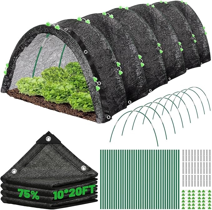 10 X 20FT 75% Garden Shade Cloth with Hoops,Plant Shade Cloth Garden Greenhouse Grow Tunnel for Heat Protection,Raised Bed Row Cover Black Netting Tarp for Outdoor Outside Patio Chicken Coops
