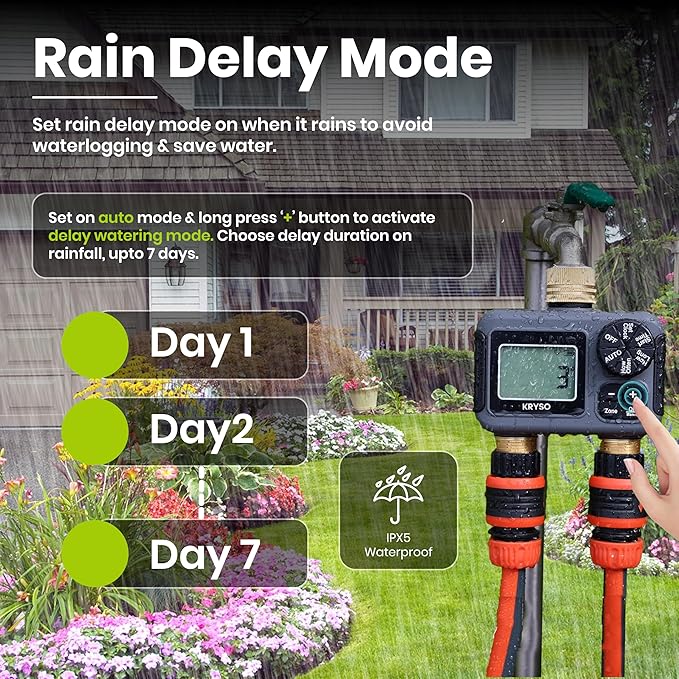 Kryso 2-Zone Sprinkler Timer with Brass Inlet & Outlet – Programmable Garden Hose Water Timer with Rain Delay, Manual & Automatic Irrigation Controller for Yard, Lawn & Outdoor Watering