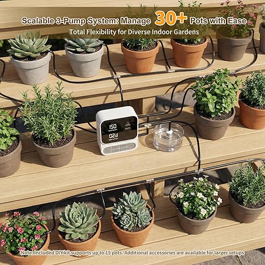 Automatic Plant Waterer for 15+ Indoor Plants, 3-Pump Independent Control Drip Irrigation System, 2600mAh Rechargeable Self Watering System with Timer, Anti-Siphon Design，HD LCD Display