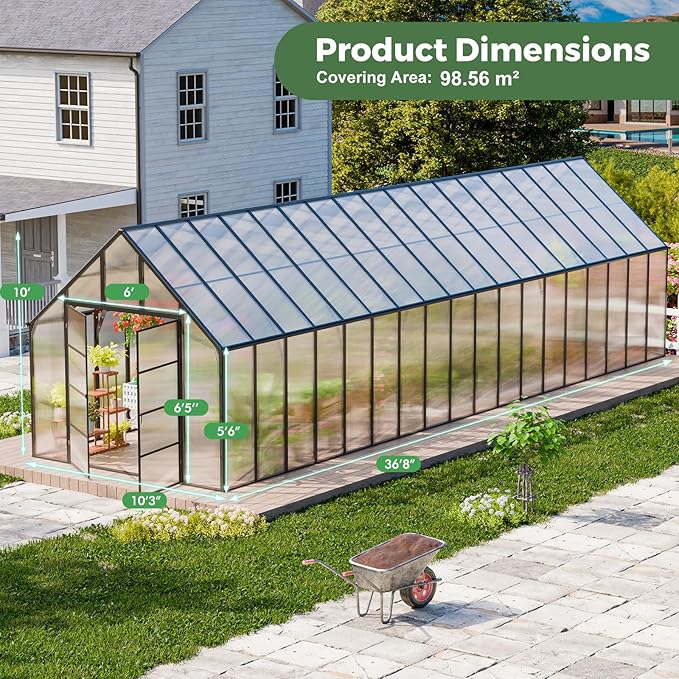 CDCASA 36x10x10 FT Greenhouse for Outdoors, Easy Assembly Large Thicker Aluminum Heavy Duty Polycarbonate Greenhouses Kit w/8 Windows, Outside Sunroom Walk-in Green House for Patio,Backyard