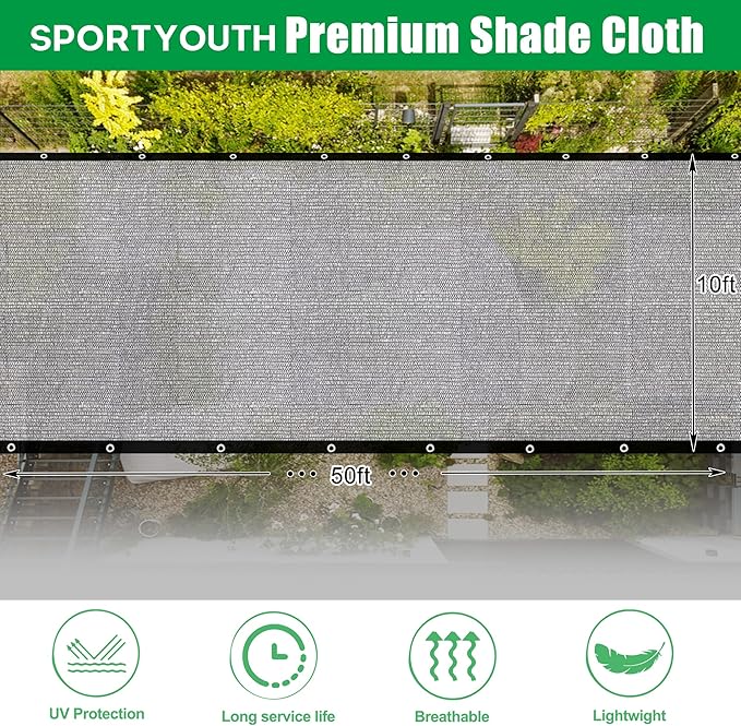 SPORTYOUTH Shade Cloth, 40% Black Sunblock Cover for Garden, 10x50 Ft Mesh Tarp with Grommets UV Resistant for Outdoor Greenhouse, Plants Vegetables Growing, Patio, Chicken Coop, Yard