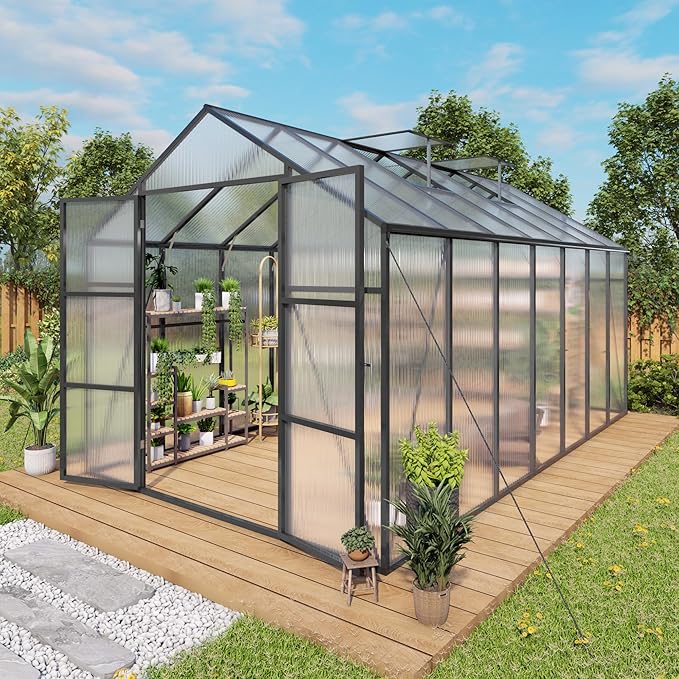 Greenhouse for Outdoors 8x14x7.8FT, Polycarbonate Greenhouse with Stronger Wind Protection and Roof Vent, Walk-in Large Aluminum Sunroom Winter Proof, Black