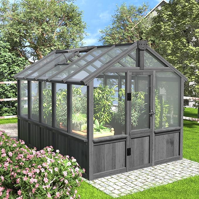 Yardenaler 6x10 FT Greenhouse Kit for Outdoor, Thickened Polycarbonate Panel Wooden Walk-in Green House with Lockable Door and Adjustable Roof Vent, Backyard Garden, Black