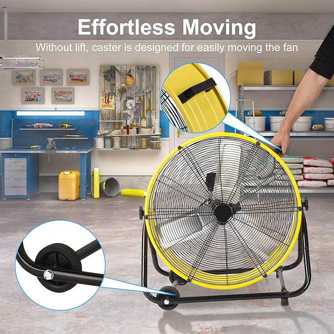 Uthfy 24 Inch High Velocity Floor Fan, 8800CFM Heavy Duty Industrial Drum Fan with 3 Speeds, 360° Tilt Metal Garage Fan with Wheels for Warehouse, Commercial, Workshop, Factory and Gym, Yellow