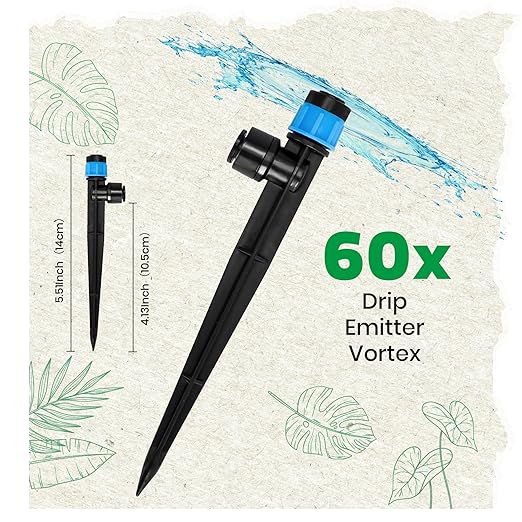MIXC 60pcs Quick-Connect Drip Irrigation Emitters Fan Shape for 1/4" Drip Irrigation Tubing - Adjustable Push-to-Connect 360° Drip Emitters Vortex on 6" Sturdy Stake for Irrigation System