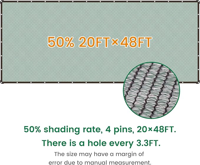 50% 20 X 48 FT Green Shade Cloth, Outdoor Woven Sun Shade with Grommets, Durable Breathable Netting Shading Antifreezing for Patio, Garden, DIY Home, Plants Cover, Greenhouse, Dog Kennel