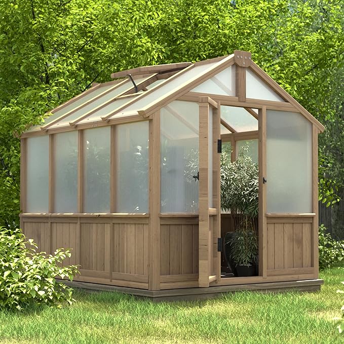 Yardenaler 6x8 FT Greenhouse Kit for Outdoor, 6MM Thick Polycarbonate Panel Wooden Walk-in Green House with Lockable Door and Adjustable Roof Vent, Backyard Garden, Light Mocha Brown