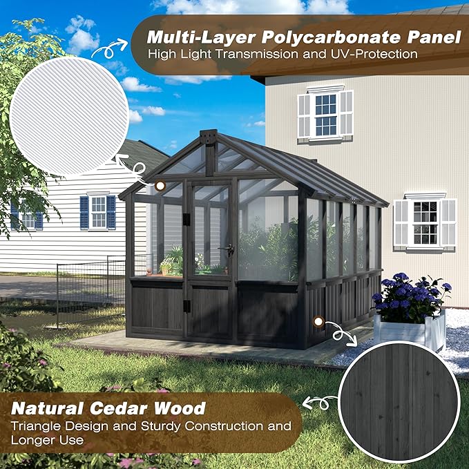 MUPATER 6 x 10 FT Wooden Polycarbonate Greenhouse with Ventilated Window & Lockable Door, Multi-Layer PC Panels for UV Protection, Walk-in Greenhouse Kits Outdoor, Garden and Backyard, Black