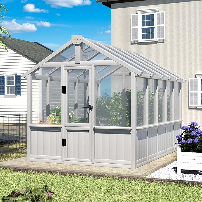 Yardenaler 6x10 FT Green House for Outdoor, Thicken Polycarbonate Panel Wooden Walk-in Greenhouse Kit with Lockable Door and Adjustable Roof Vent, Backyard Garden, White