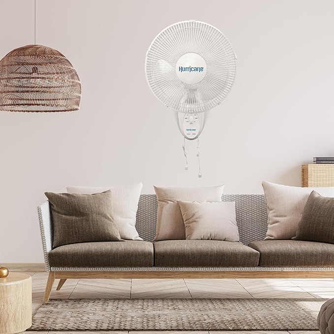 Hurricane 16" Supreme Oscillating Wall Mount Fan w/ 3 Quiet Speeds, White - Corded Electric Air Cooling Unit w/ Easy Pull Cord Controls for Homes, Greenhouses, Garages, Workshops & Gyms