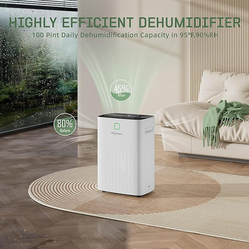 100 Pints Dehumidifier for Basement Home, Smart Silent Dehumidifier with Drain Hose, 1.32 Gal Water Tank, Intelligent Humidity Control, 24H Timer, for Large Room Bathroom Bedroom