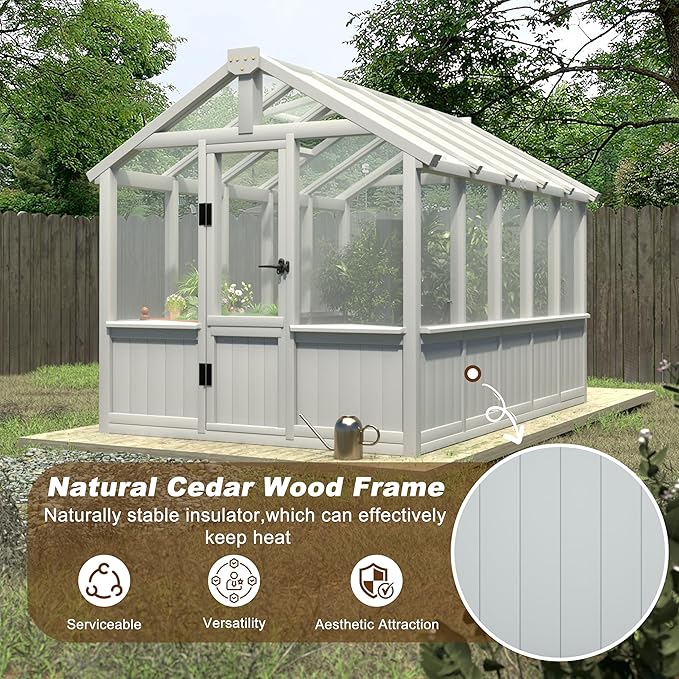 Yardenaler 6x10 FT Green House for Outdoor, Thicken Polycarbonate Panel Wooden Walk-in Greenhouse Kit with Lockable Door and Adjustable Roof Vent, Backyard Garden, White