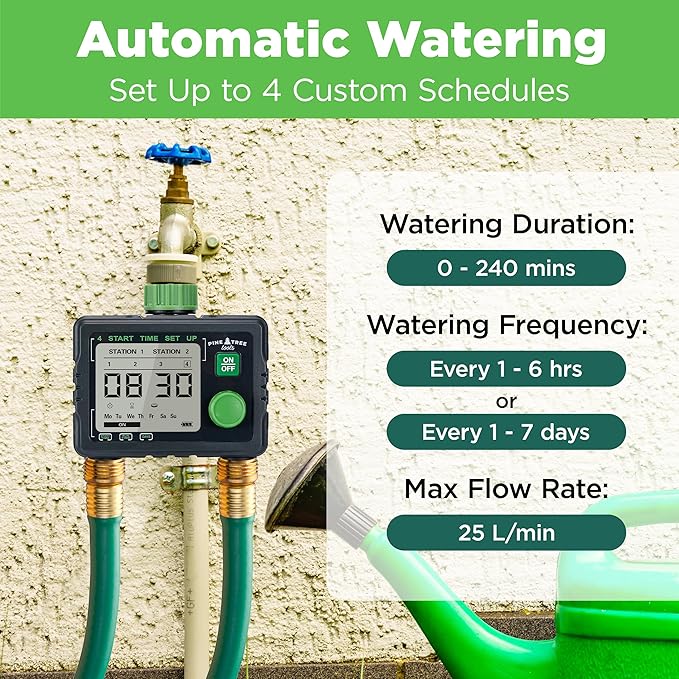 Pine Tree Tools Hose Timer - Programmable Water Timer for Garden, Automatic & Manual Watering System, Outdoor Faucet for Lawn, Garden & Yard, Battery Operated, 2 Outlet Hose Watering