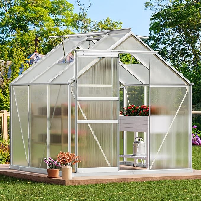 YITAHOME 6x6FT Polycarbonate Greenhouse Heavy Duty Green Houses Outdoor Greenhouses Aluminum Sliding Doors Vent Window Large Sun House for Garden Backyard, Silver
