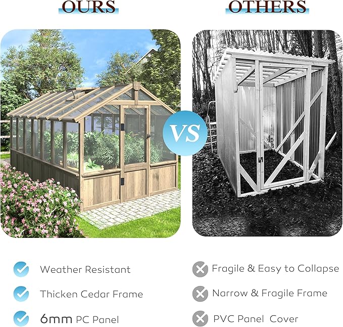 Yardenaler 8x14 FT Outdoor Greenhouse Kit, Wooden Greenhouses for Outdoors Walk-in Green House with 6MM Thick Polycarbonate Panel & Adjustable Roof Vents, Backyard Garden, Light Mocha Brown