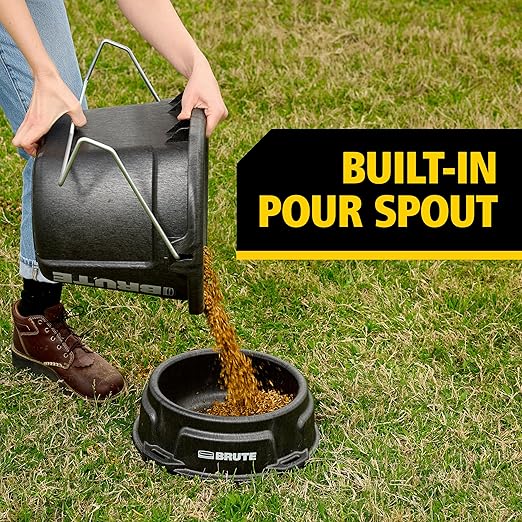 Rubbermaid Commercial Products Brute 2-Gallon 3-in-1 Flat-Back Feed Bucket with Hook-Hang-Carry Handle, RigidCell Strength, Pour Spout, USA Made for Horse & Livestock