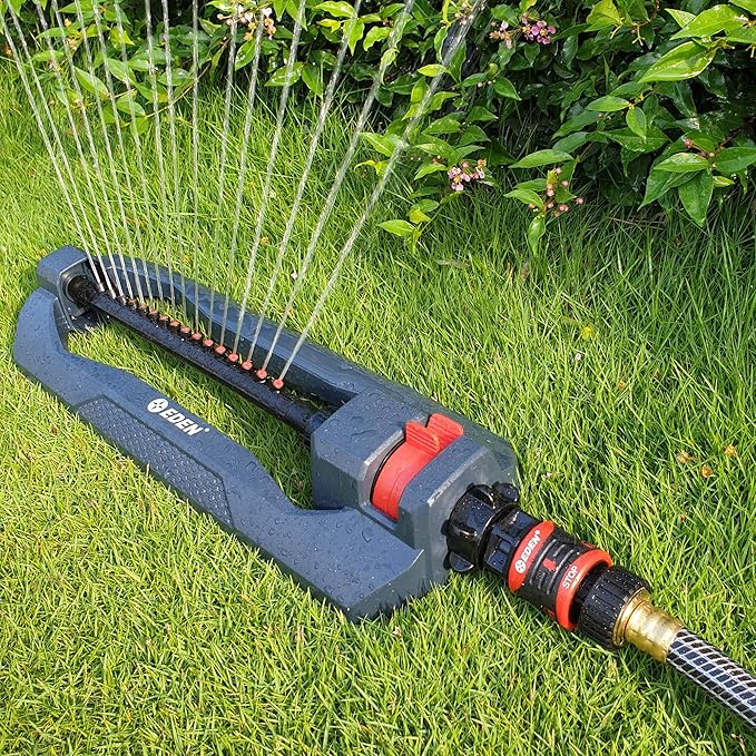 Eden 96213 Essential Turbo Oscillating Water Sprinkler, Covers Up to 3,600 sq. ft., 16 Nozzles, Weighted Base, Adjustable Range, Quick Connect Bundle, Dark Grey, Red, Silver