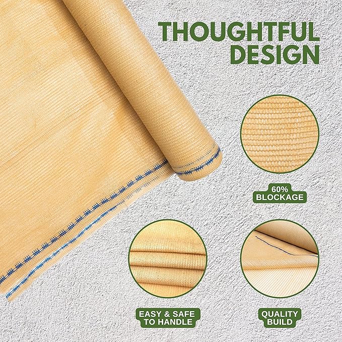 [WindscreenSupplyCo] 60% 5'10'' x 100 FT Eyelets Shade Cloth Roll Sunblock Shade UV Resistant Net for Garden Greenhouse Flower Plant Patio Kennel, Tan - PS6160TAN