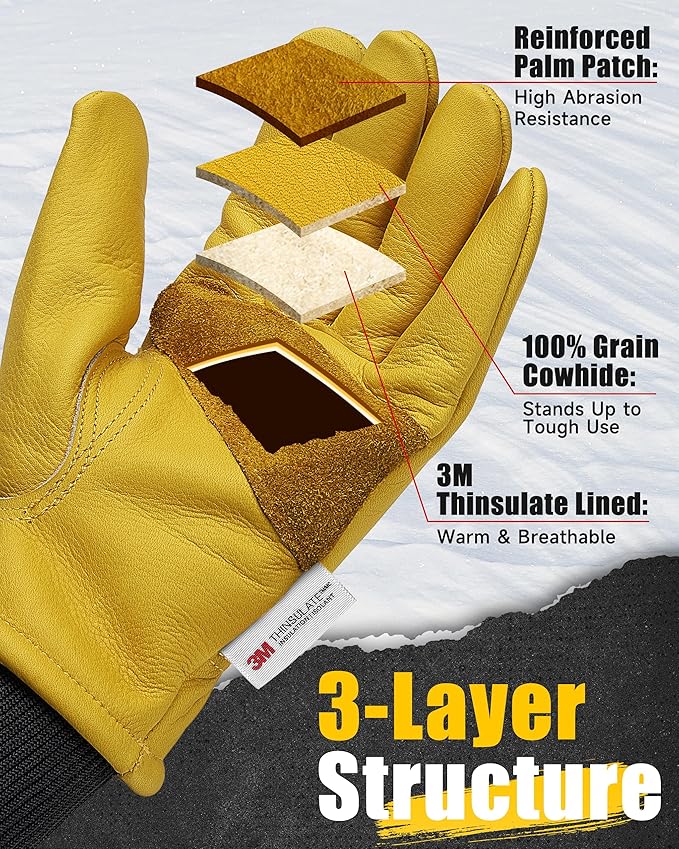 DULFINE Winter Leather Work Gloves for Men and Women,3M Thinsulate Lining for Cold Weather Work, Thermal Insulated Gloves